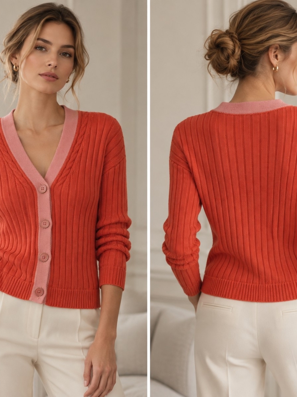 Talbots Coral Ribbed V-Neck Cardigan with Pink Trim